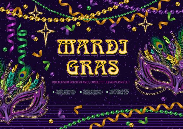 Horizontal carnaval poster with masquerade masks, golden stars, ribbons Horizontal carnaval poster with masquerade masks, golden stars, confetti, beads, streamer, spiral ribbons, text. Design for Mardi Gras carnival, party. Detailed illustration mardi gras flyer stock illustrations
