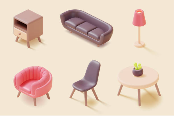 illustrations, cliparts, dessins animés et icônes de 3d différents meubles maison ensemble pâte à modeler style de dessin animé. vecteur - fauteuil