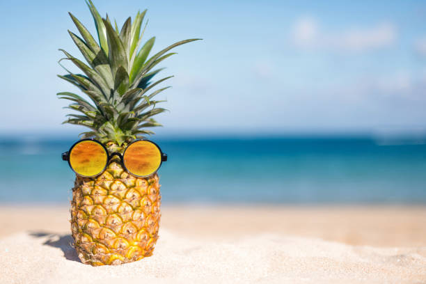 istock Pineapple on the beach with blue sky and sea background 1460503923