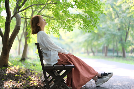 Asian young woman sitting bench look up under green tree in park on sunny day. Full length side view