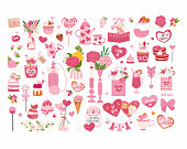 istock Valentine's day big set sticker vector illustrations. Candle, sweets, flowers, envelope, heart, jar with hearts, cake, bouquet, gift box romantic elements 1460504994