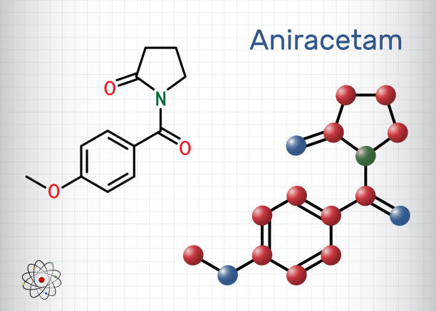 Aniracetam molecule. It is nootropic drug used to ameliorate memory, attention disturbances. Structural chemical formula, molecule model. Sheet of paper in a cage. Aniracetam molecule. It is nootropic drug used to ameliorate memory, attention disturbances. Structural chemical formula, molecule model. Sheet of paper in a cage. Vector illustration nootropic stock illustrations