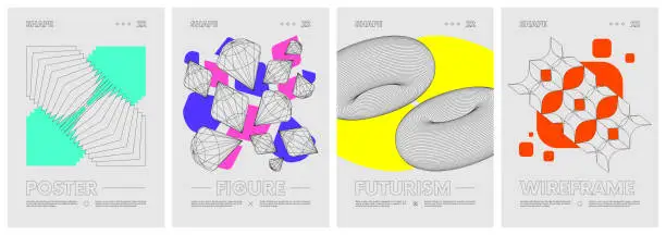 Vector illustration of Wireframes strange geometrical shapes and colored geometric figures, abstract vector set posters, modern design inspired by brutalism, contemporary composition artwork, cover