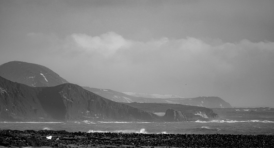 Iceland landscape scenes with lakes, countryside, mountains, seashore in black and white