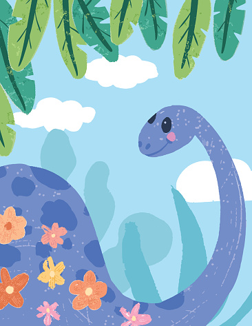 Watercolor style dinosaur with plants and leaves. Each element was hand painted, then vectorized and each is in its own group.  Each element can be moved around in the clipping mask.