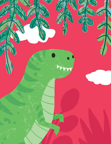 Watercolor style dinosaur with plants and leaves. Each element was hand painted, then vectorized and each is in its own group.  Each element can be moved around in the clipping mask.