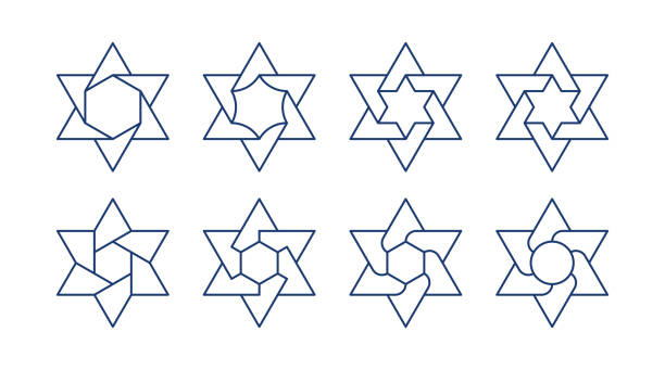 Bundle of Jewish stars of David twisted in the center into a hexagon and a six-pointed star vector illustration with editable stroke Bundle of Jewish stars of David twisted in the center into a hexagon and a six-pointed star vector illustration with editable stroke magen david adom stock illustrations
