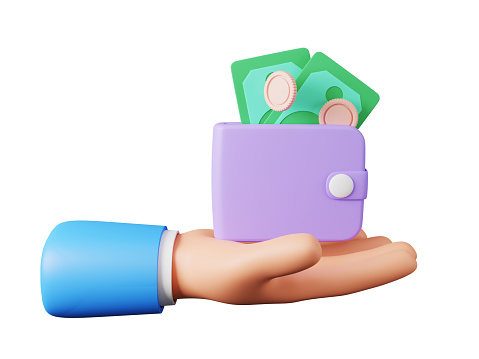 Cartoon hand holding Wallet money and credit card with money coin, cashback money refund  icon concept, money saving, 3D rendering illustration