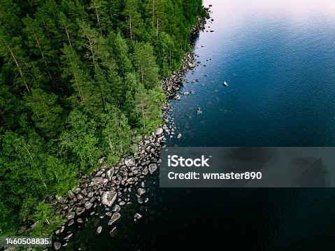 istock Aerial view of blue lake stone shore and and green woods with pine trees in Finland. 1460508835