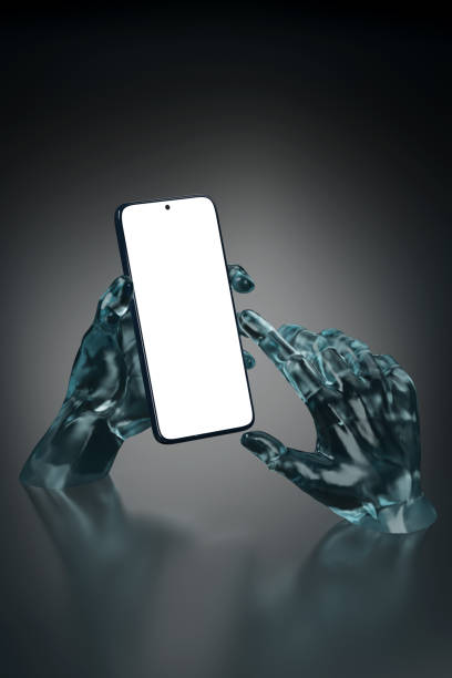 istock Glass hands sculpture holding a mobile phone with a blank screen. 3d illustration. 1460510077