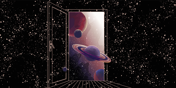 Open door to space with planets and stars, abstract background with stars for astrology, future science space concept banner. Vector cartoon illustration
