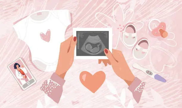 Vector illustration of Modern pregnancy banner, female hands holding a baby ultrasound, a call to the doctor, a nipple and a positive pregnancy test. Vector poster of preparation for childbirth.