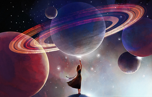 Space background for astrology, a woman touches the planet. Futuristic mystical background, subconscious depth concept, modern illustration. Girl and space