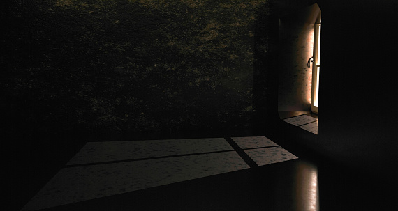 Dark cast iron texture background interior with a window with night light reflections. 3d render.