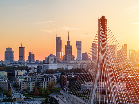 Warsaw city center at sunset, aerial landscape