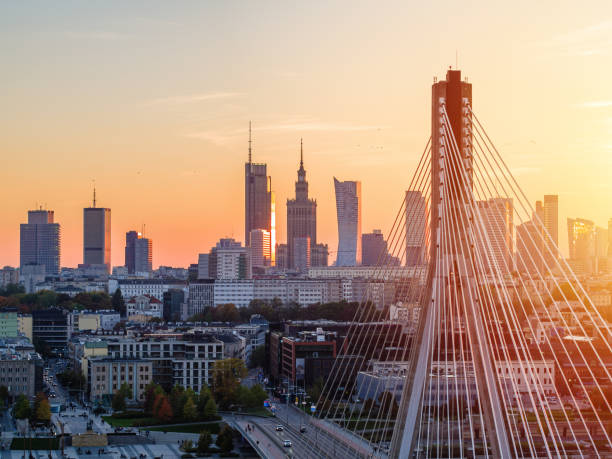 Warsaw city center at sunset, aerial landscape Warsaw city center at sunset, aerial landscape warsaw stock pictures, royalty-free photos & images