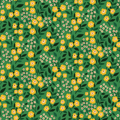 Seamless floral pattern, liberty ditsy print with tiny hand drawn plants. Cute botanical design with small yellow flowers, leaves, twigs on a green background. Vector illustration.