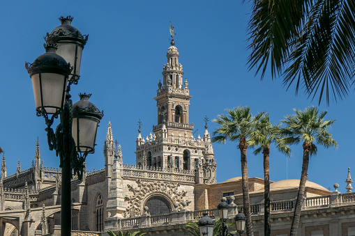 The minaret of the Cathedral, La Giralda, is the tower of the mosque that was preserved after the demolition of the mosque when it was replaced by a cathedral.