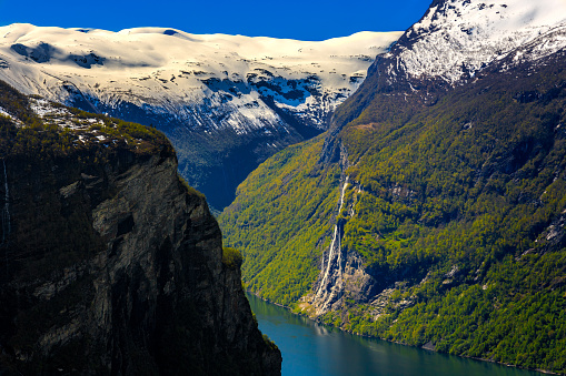 The Seven Sisters is the 39th tallest waterfall in Norway. The 410-metre tall waterfall consists of seven separate streams, and the tallest of the seven has a free fall that measures 250 metres. The waterfall is located along the Geirangerfjorden in Stranda Municipality in Møre og Romsdal county, Norway.