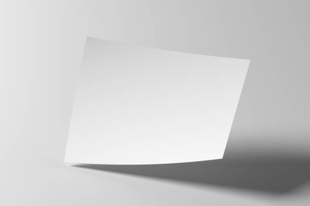 maquete horizontal de papel de panfleto a4 flutuando no fundo branco - levitação - fotografias e filmes do acervo