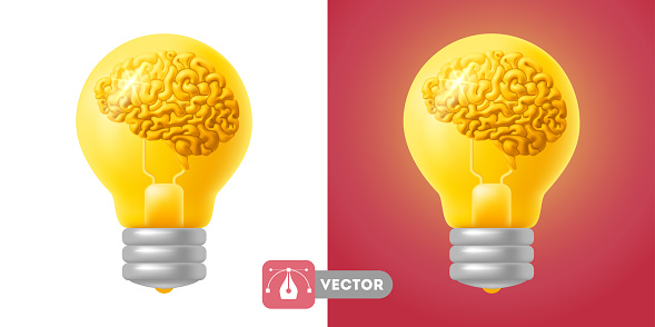 Brain in the yellow light bulb. Conceptual 3d Icon or logo. Creative idea, brainstorm, mind, non standard thinking symbol. Isolated Vector illustration