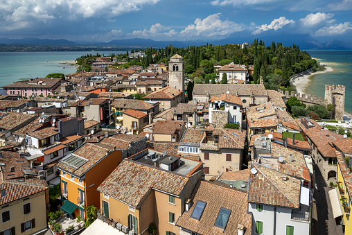 Aerial view over Sirmione, a peninsula on the south banks of Lago di Garda.