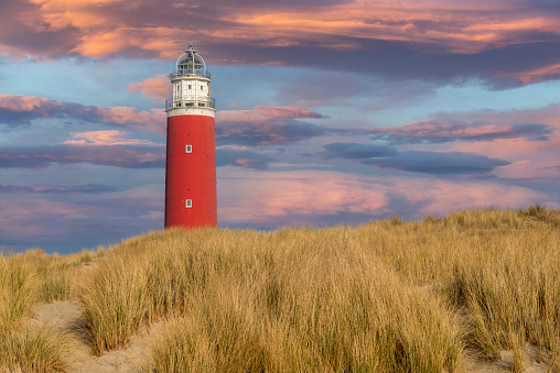Beacon in sandy dunes of the North Sea. Belgium