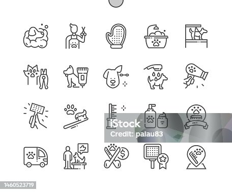 istock Pet grooming. Clean dog ear. Bathing. Pets nail clipper. Pets care. Pixel Perfect Vector Thin Line Icons. Simple Minimal Pictogram 1460523719