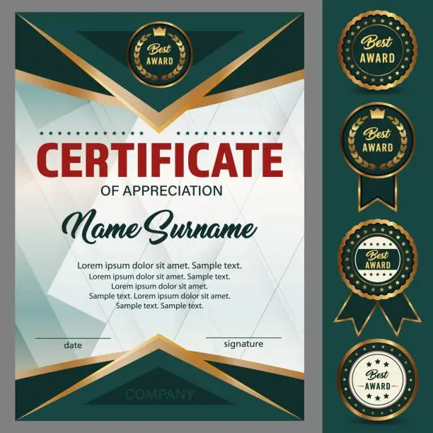 Vector illustration of Certificate of appreciation, achievement, diploma and premium best award label with ribbon. Vertical template.