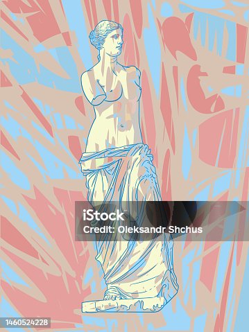istock Ancient Greek sculpture, statue of the goddess Venus de Milo. Vector illustration on a blue, beige and pink background. Mosaic stylized style with intersecting patches. EPS - 10. 1460524228