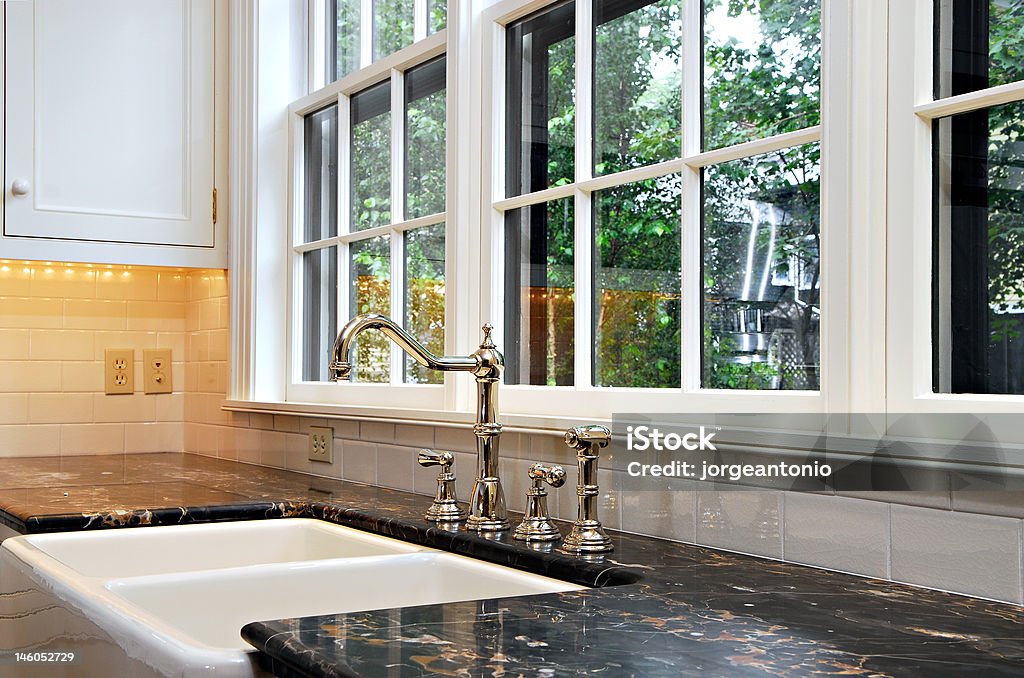 Kitchen sink with a view Luxury kitchen sink with a view Window Stock Photo