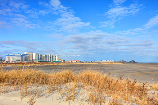 Beautiful panoramic of Zeebrugge beach with sand dunes and hotel buildings on a scenic sunny day with blue sky, Flanders, Belgium