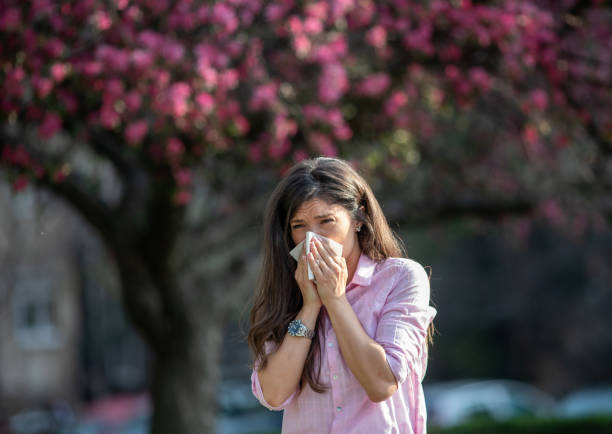 istock Girl wiping nose in front of blooming tree in spring 1460528607