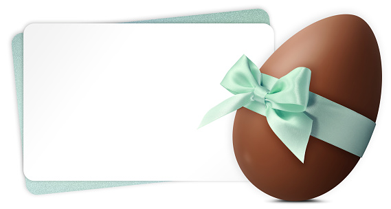 Happy Easter greeting gift card with chocolate egg decorated with pastel green shiny ribbon bow. Copy space template for label, promotional shopping banner or ticket sale price
