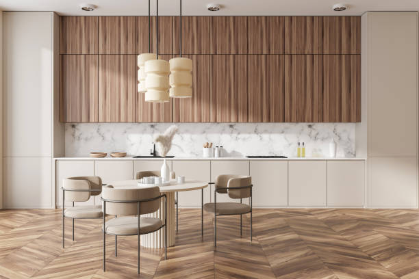 istock Beige kitchen interior with cooking and eating area, kitchenware 1460529660