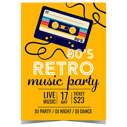 Retro music party invitation poster with audio cassette on yellow background. Vector banner or flyer design template in flat style for retro 80's concert, disco dance night or eighties show.