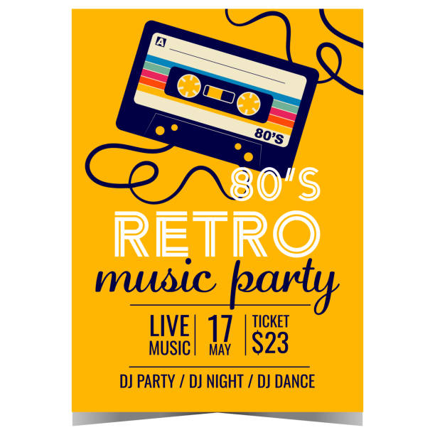 Retro music party invitation poster with audio cassette. Retro music party invitation poster with audio cassette on yellow background. Vector banner or flyer design template in flat style for retro 80's concert, disco dance night or eighties show. yellow tape audio stock illustrations