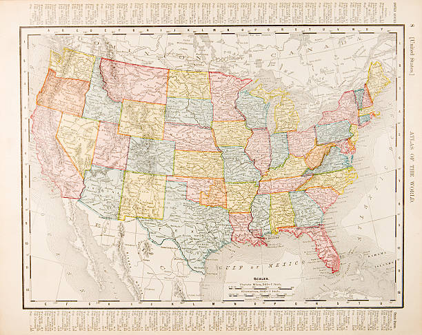 illustrazioni stock, clip art, cartoni animati e icone di tendenza di colore vintage antica mappa di stati uniti d'america, stati uniti - map gulf of mexico cartography usa