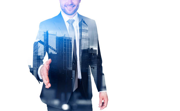 istock Businessman stretching out hand to shake, skyscrapers and copy space 1460530111