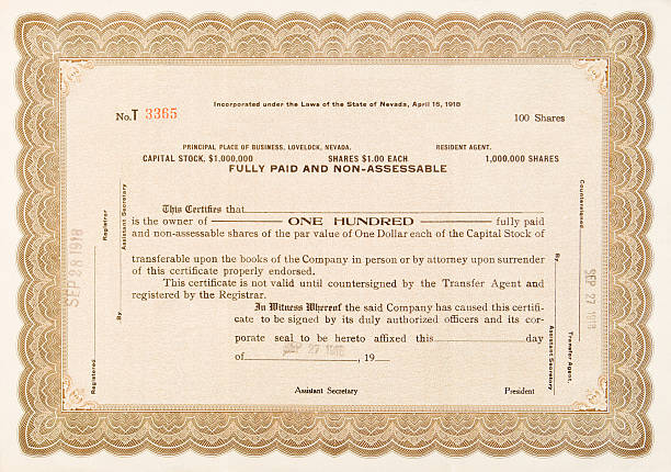 istock Old Stock Certificate Lovelock, Nevada 1918 100 Shares 146053013
