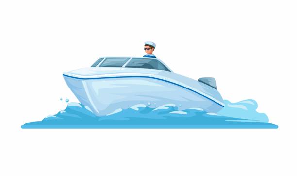 스피드 보트 수상 교통 만화 일러스트 벡터를 타는 남자 - motorboat nautical vessel speedboat speed stock illustrations