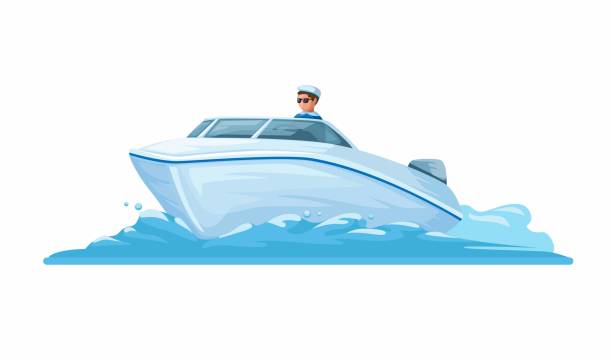 ilustrações de stock, clip art, desenhos animados e ícones de man riding speed boat water transportation cartoon illustration vector - sailboat nautical vessel lake sea