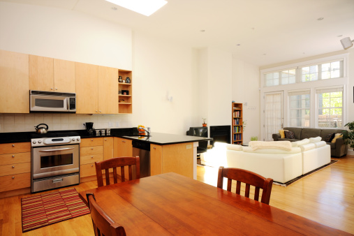 Open plan apartment, living, dining room and kitchen