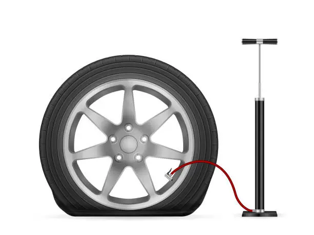 Vector illustration of Hand air pump and flat tire