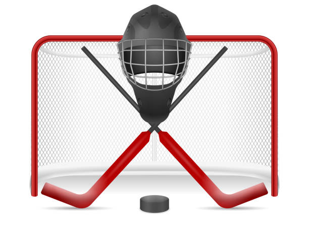 Hockey equipment Hockey net, helmet, sticks and puck on a white background. Vector illustration. ice hockey net stock illustrations