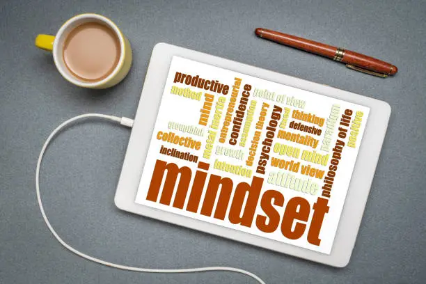 mindset word cloud on a digital tablet, attitude and personal development concept