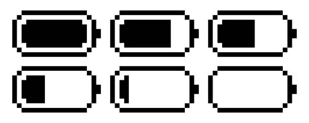 Vector illustration of Accumulator black indicator icon. Battery charging process. Battery charge level set. Vector illustration