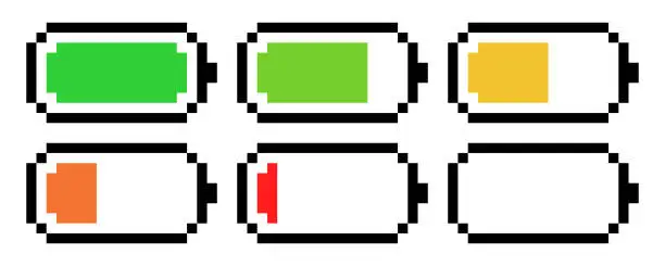 Vector illustration of Accumulator pixel indicator icon. Battery charging process. Battery charge level set. Vector illustration