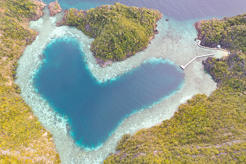 A heart-shaped lagoon is eroded into the tropical seascape in Raja Ampat, Indonesia. These incredible islands are ancient reefs uplifted millions of years ago through tectonic activity.