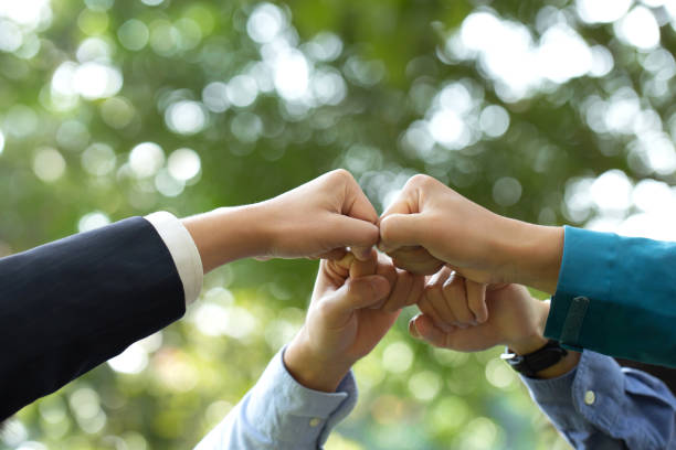 istock World environment day. Global community teamwork, CSR, and ESG environmental energy-saving collaboration of hands stack together for sustainable development goals. People join for cooperation success. 1460535150